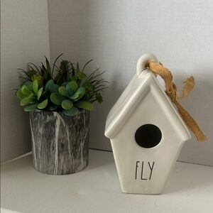 Rae Dunn Cream Ceramic Birdhouse with Bird Illustration